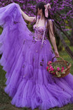 A Line Long Tahiti Tulle Layered Evening Dress Prom Dress With Flowers