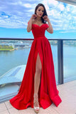 A-Line Party Dress Satin Red Off-the-Shoulder Prom Dress With Front Split