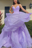Tiered A Line Spaghetti Straps Princess Lavender Long Prom Dresses