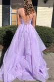 Tiered A Line Spaghetti Straps Princess Lavender Long Prom Dresses