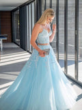 A Line Evening Dress Appliques Two Pieces Light Blue Tulle Lace  Formal Long Prom Dress