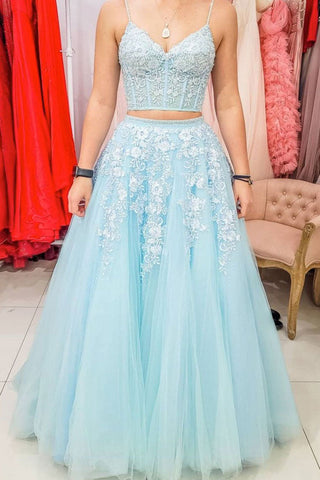 A Line Evening Dress Appliques Two Pieces Light Blue Tulle Lace  Formal Long Prom Dress