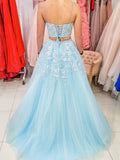 A Line Evening Dress Appliques Two Pieces Light Blue Tulle Lace  Formal Long Prom Dress