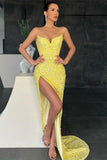 Spaghetti-Straps Yellow Party Dress Fashion Sequins Prom Dress Mermaid Slit