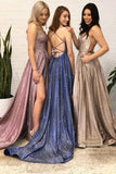 Backless Evening Dress A-Line Sparkle Split Long Prom Dresses With Pocket