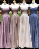 Backless Evening Dress A-Line Sparkle Split Long Prom Dresses With Pocket