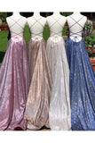 Backless Evening Dress A-Line Sparkle Split Long Prom Dresses With Pocket