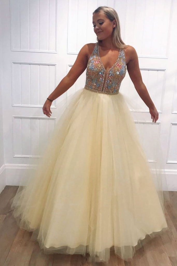 A-Line Tulle Beads Simple Daffodil V-Neck Formal Evening Dresses Long Prom Dresses