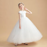 Short Sleeves Satin Flower Girl Dresses With Lace Appliques
