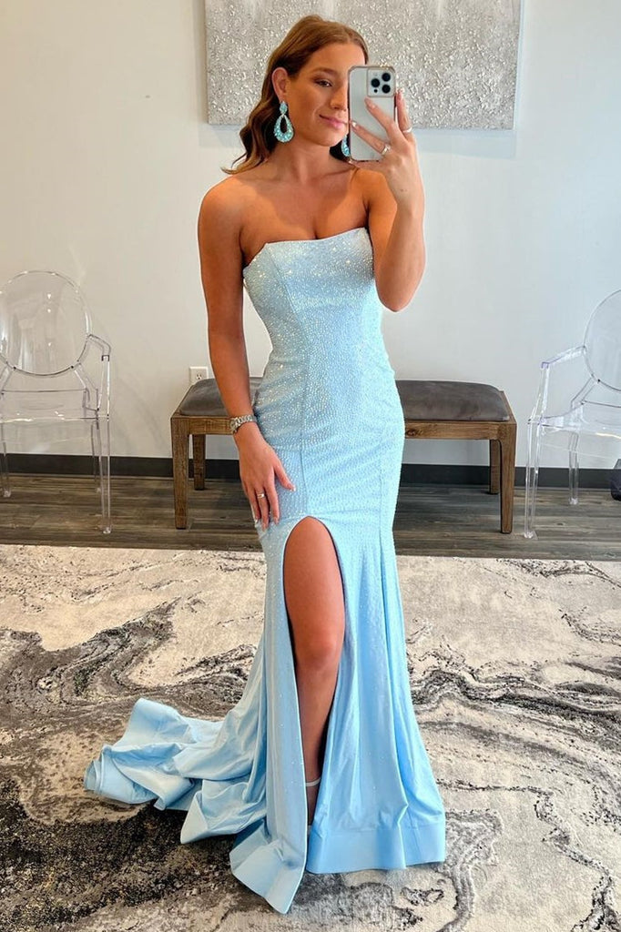 Strapless Sequins Mermaid Light Blue Evening Gown With Split Long Prom Dress