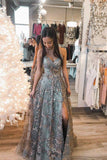A-line Lace Formal Evening Dresses Elegant Long Prom Dresses With Slit