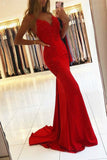 Mermaid Party Dress Red Spaghetti-Straps Long Prom Dress With Appliques