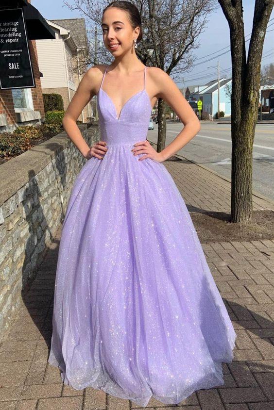 A-line Sparkle Dresses Spaghetti Straps Lilac V-neck Formal Dress Long Prom Dress