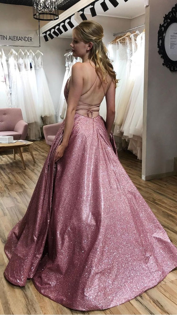 A-line Scoop Sparkle Long Pink Spaghetti Straps Prom Dress with Pockets