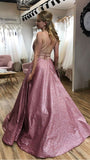 A-line Scoop Sparkle Long Pink Spaghetti Straps Prom Dress with Pockets