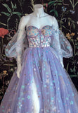 Floral Light Purple Off the Shoulder A-line Tulle Sweetheart Evening Prom Dress