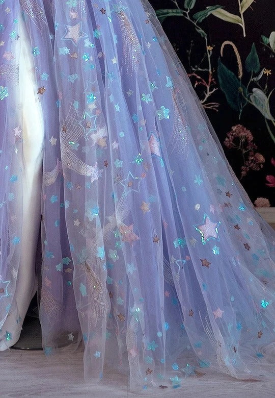 Floral Light Purple Off the Shoulder A-line Tulle Sweetheart Evening Prom Dress