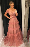 A Line Tulle Straps Long Party Dress Beautiful  Formal Prom Gown