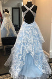 A-Line Sweetheart Elegant Light Blue Open Back Appliques Long Prom Dresses