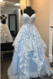 A-Line Sweetheart Elegant Light Blue Open Back Appliques Long Prom Dresses