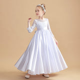 White Long Sleeves Satin Flower Girl Dresses With Bowknot