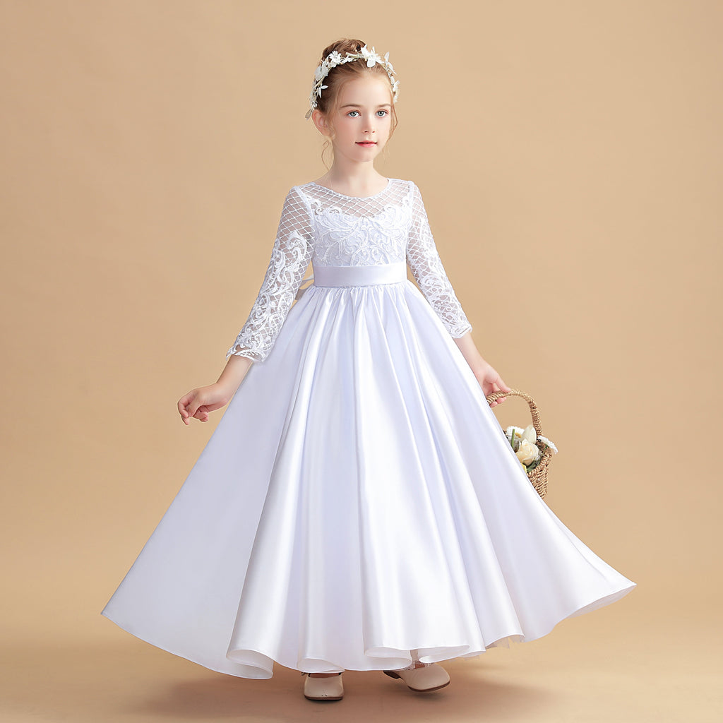 White Long Sleeves Satin Flower Girl Dresses With Bowknot
