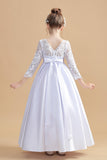 White Long Sleeves Satin Flower Girl Dresses With Bowknot