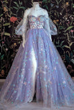 Floral Light Purple Off the Shoulder A-line Tulle Sweetheart Evening Prom Dress