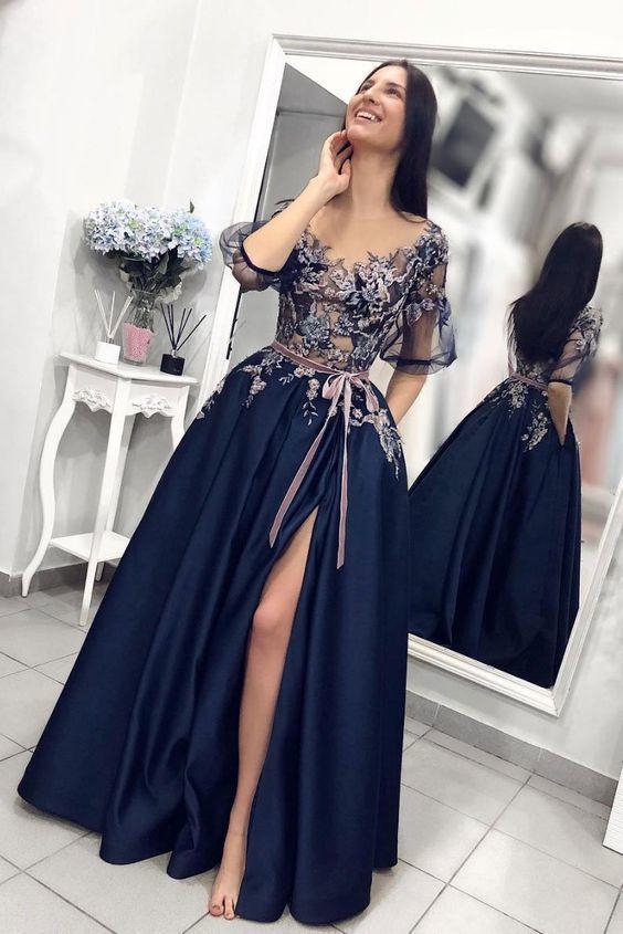 Half Sleeves Slit Unique Appliques Dark Blue Lace Long Prom Dresses