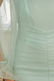 One Shoulder Beautiful Light Green Tulle Long Sleeves Short Homecoming Dress