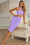 One shoulder Purple Sleeveless Strapless Midi Prom Dress  Homecoming Dress