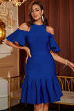 Leaf Sleeves Royal Blue Off Shoulder Lotus Short Homecoming Dress