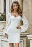 Sweetherat Elegant White Long Mesh Sleeve Tight Homecoming Dress