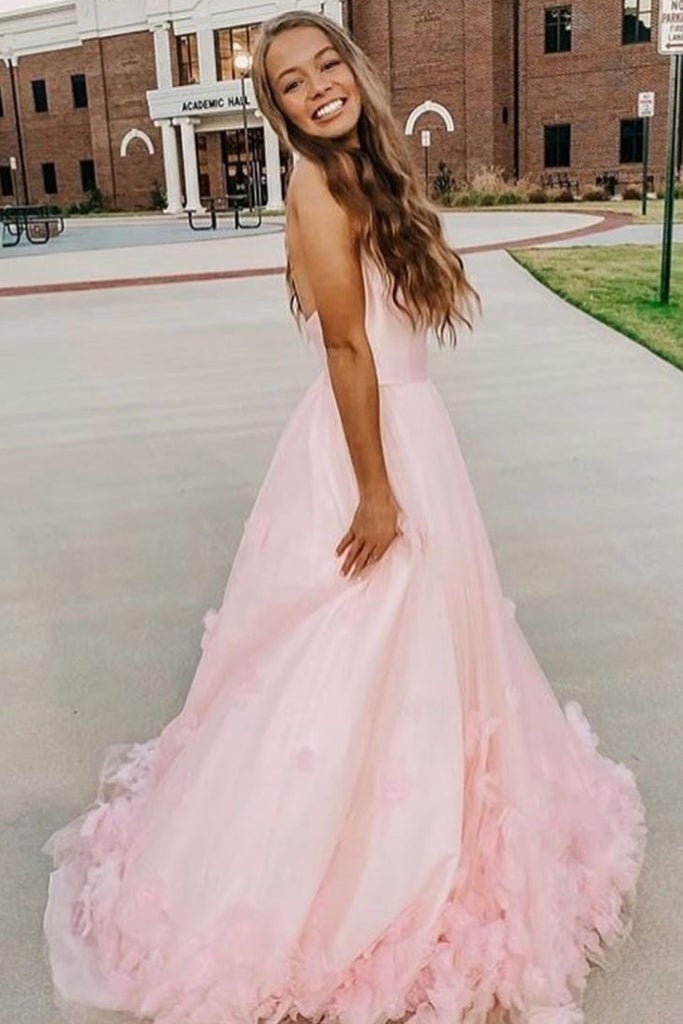 A Line Pink Formal Evening Dresses 3D Flowers Tulle Long Prom Dresses with Straps