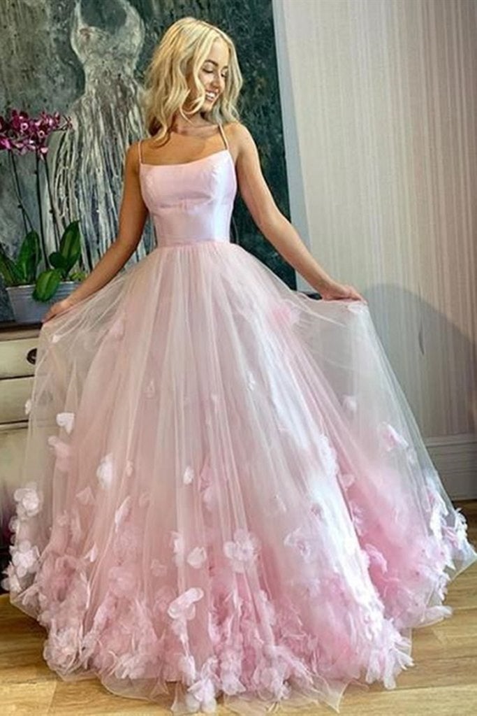 A Line Pink Formal Evening Dresses 3D Flowers Tulle Long Prom Dresses with Straps
