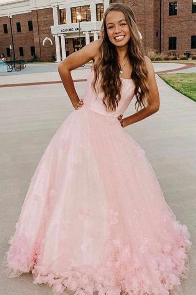 A Line Pink Formal Evening Dresses 3D Flowers Tulle Long Prom Dresses with Straps