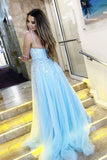 A-Line V-Neck Spaghrtti Straps Light Blue Lace Appliques Formal Evening Dress Long Prom Dress
