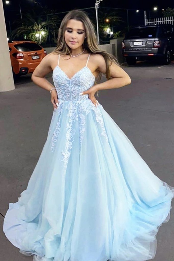 A-Line V-Neck Spaghrtti Straps Light Blue Lace Appliques Formal Evening Dress Long Prom Dress