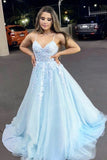A-Line V-Neck Spaghrtti Straps Light Blue Lace Appliques Formal Evening Dress Long Prom Dress
