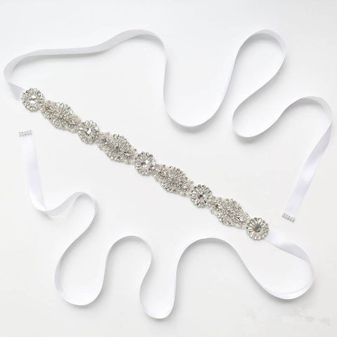 White Crystal Wedding Sashes with Ribbon Shiny Bridal Accessories Belts