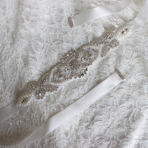 Chic Ivory Wedding Sashes with Ribbon Crystal Pearls Accessories Bridal Belt