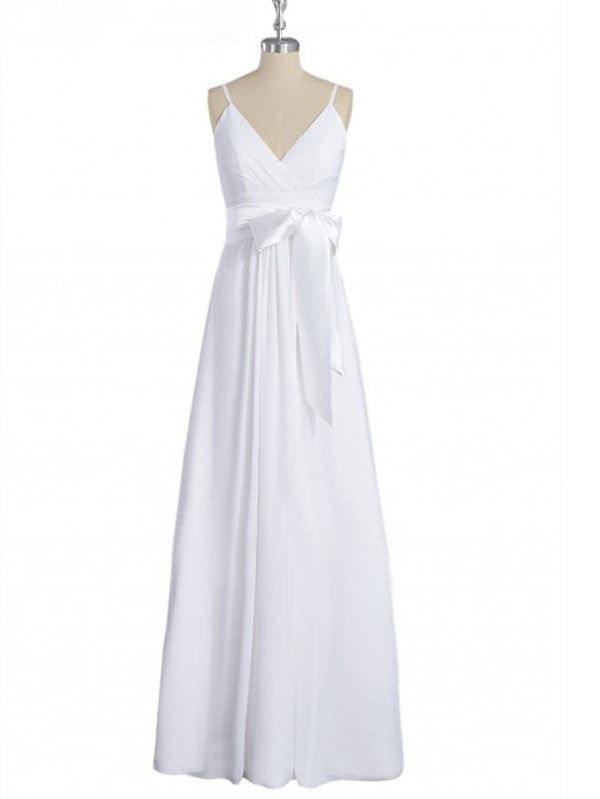 Floor-length Perfect Column Chiffon V-neck Draped Wedding Dresses