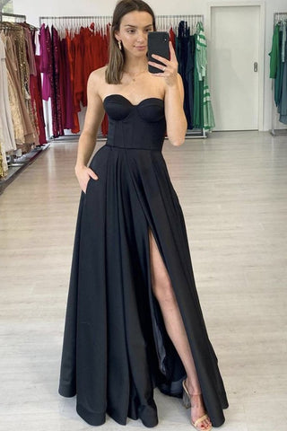 A-Line High Slit Strapless Sweetheart Black Satin Long Prom Dresses