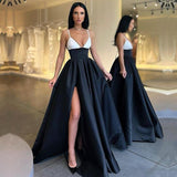 A-Line Satin Party Dress Black and White Spaghetti-Straps Prom Dress