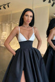 A-Line Satin Party Dress Black and White Spaghetti-Straps Prom Dress