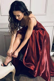 V-Neck Satin Formal Dress Burgundy A-Line Thin Straps Evening Dress Long Prom Dress