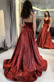 V-Neck Satin Formal Dress Burgundy A-Line Thin Straps Evening Dress Long Prom Dress