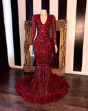 Burgundy V Neck Long Sleeves Mermaid Prom Dress Feather With Sequins