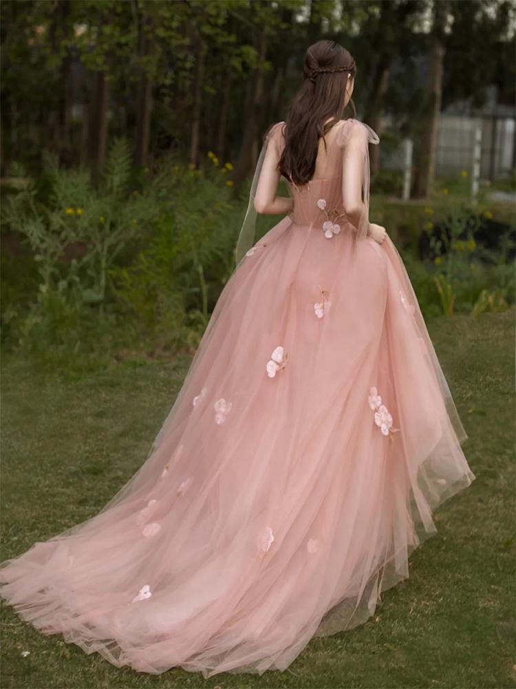 3D Flowers Charming Pink Tulle A-line Long Evening Gown Prom Dresses