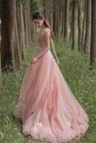 3D Flowers Charming Pink Tulle A-line Long Evening Gown Prom Dresses